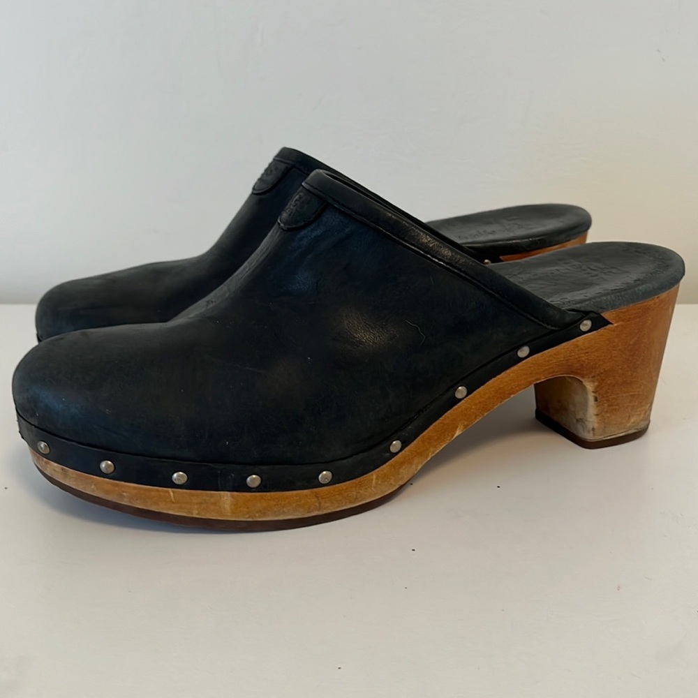 UGG black leather studded wood clogs size 10